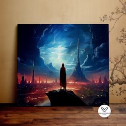 red robed woman over a future city, fantasy art, cyberpunk, beautiful landscape, scenic decorative wall art, canvas art,