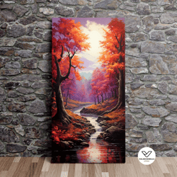 river running through red forest leaves, nature art, autumn art, fall art, scenic decorative wall art, canvas art, canva