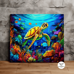 sea turtle under the sea, ocean art, sealife art, nature art, tropical fish, scenic decorative wall art, canvas art, can