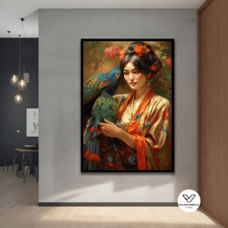 floral chinese woman canvas painting,chinese art,decorative wall art for home and office modern,natural,vivid,decor idea