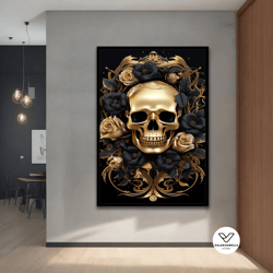 floral golden skull canvas art print, skeleton art, golden skull decor, modern decor ideas for home and office with diff