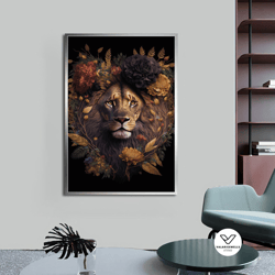 floral lion canvas painting, lion canvas decorative wall art,animal decorative wall art, with different frame options fo