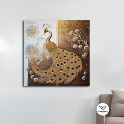 peacock canvas painting, golden peacock, gold peacock decor, peacock decorative wall art