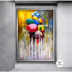 walkers under umbrella canvas art print, colourful umbrella wall hanging, colour people umbrella canvas decorative wall