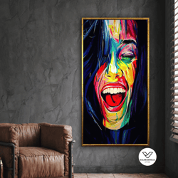 colorful smiling woman canvas print, woman portrait art, smiling woman, fashion poster, decorative wall art canvas desig