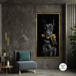 doberman gun canvas, hypebeast canvas, luxury designer fashion dog lover poster, decorative wall art canvas design, fram