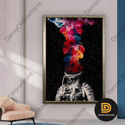 outer space and colorful, surreal astronaut art, canvas wall art, surreal art print, surreal painting, moden art, framed