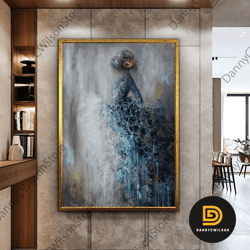 woman in blue dress, floral pattern woman, fashion wall art, floral canvas print, flower wall art, luxury framed wall de