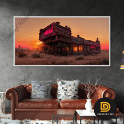 Abandoned Wild West Saloon At Sunset Canvas Print, Travel Photography Art, Outrun Sunset Ready To Hang Wall Art