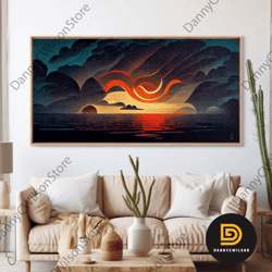 abstract art deco sunset canvas print, sunset over the vast ocean, living room art
