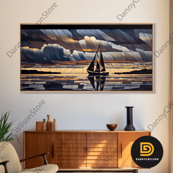 art deco stained glass sail boat wall art framed canvas print nautical art seascape art beach house decor