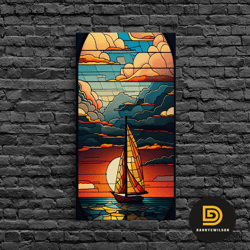 art deco wall art, sailboat and sunset framed canvas print, art deco mcm wall art, stained glass reflections
