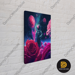 Astronaut In Space Among The Roses, Surreal Scifi Galaxy Art, Framed Canvas Print, Framed Wall Art, Wall Decor, Living R