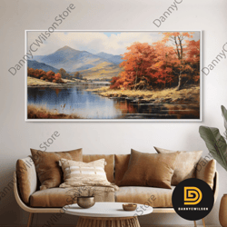 Autumn By The Lake, Framed Canvas Print, Original Landscape Painting, Fall Decor, Boho Minimalist Farmhouse Decor, Rusti