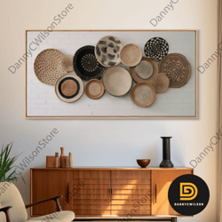 basket wall decor framed canvas print, boho wall art, wicker round bowl art, wicker wall art print