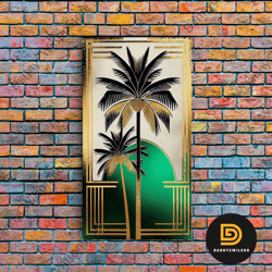 boho modern frank lloyd wright-inspired art deco canvas print, emerald green and gold palm tree, wall decor, wall art or