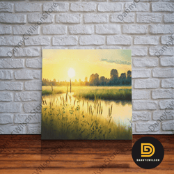 boho style primitive art, framed canvas print, sunset over the marsh in florida, watercolor wall decoration