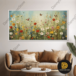 butterfly art, wildflowers print, framed canvas print, beautiful watercolor painting, abova sofa decor, minimalist wall