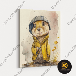 cartoon animal wearing a rain coat, cute animal art, framed canvas print, nursery decor