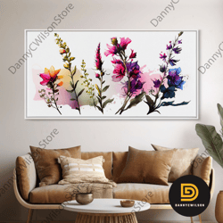 colorful wild flowers on white background, framed canvas print, watercolor wall art, wall decor, floral art, pink flower