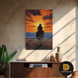 cowboy silhouette wall art, western wall decor, sunset wall art, canvas print, wall art, vertical art, teen boy wall art