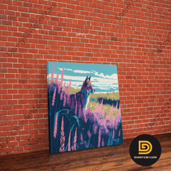 cute fox in a field, watercolor art, framed canvas print, colorful animal art