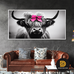 cute highland cow wearing a bow, pink bow on a cute cow, framed canvas print, black and white farmhouse cow art