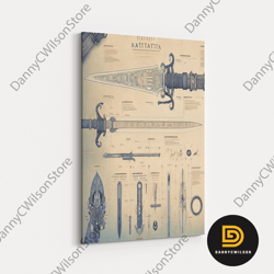 elven sword diagram, fantasy elven armory, framed canvas print, framed wall art, wall decor