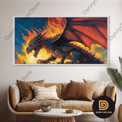 fire breathing horned dragon, framed canvas print, colorful fantasy wall art, videogame concept decor, dragon painting