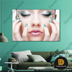 blue nail polish blindfolded female model diamond jewelry makeup roll up canvas, stretched canvas art, framed wall art p