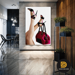 pink bag wall art, heeled shoes canvas art, bag store wall decor, roll up canvas, stretched canvas art, framed wall art