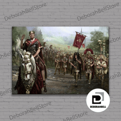 julius caesar and army canvas, war poster, historical art, living room decor, framed canvas, ready to hang, framed canva