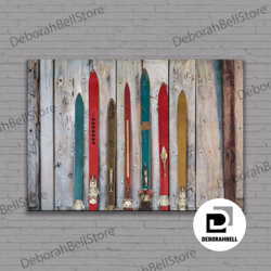 large old skis on canvas, oversized vintage ski poster, skiing wall art set, mountain house decor, ready to hang, framed