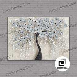 with white flowers canvas wall art, white cherry blossom poster, large wall art, palette knife painting, ready to hang,