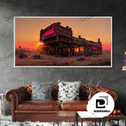 Framed Canvas Ready To Hang, Abandoned Wild West Saloon At Sunset Canvas Print, Travel Photography Art, Outrun Sunset Re
