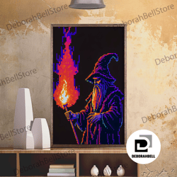 framed canvas ready to hang, angry old wizard fire scepter gamer fine art print, wall decor, wall poster, wall art print