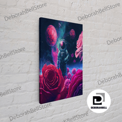 Framed Canvas Ready To Hang, Astronaut In Space Among The Roses, Surreal Scifi Galaxy Art, Framed Canvas Print, Framed W