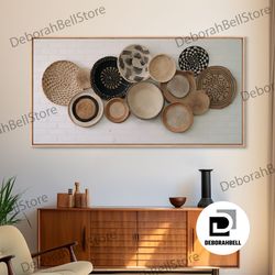 framed canvas ready to hang, basket wall decor framed canvas print, boho wall art, wicker round bowl art, wicker wall ar