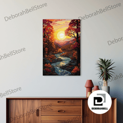 framed canvas ready to hang, beautiful fall decor, framed canvas print, mosaic stained glass style painting, gliclee pri