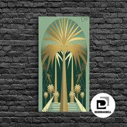 framed canvas ready to hang, boho modern frank lloyd wright-inspired art deco canvas print, emerald green and gold palm