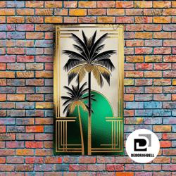 framed canvas ready to hang, boho modern frank lloyd wright-inspired art deco canvas print, emerald green and gold palm
