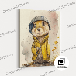 framed canvas ready to hang, cartoon animal wearing a rain coat, cute animal art, framed canvas print, nursery decor
