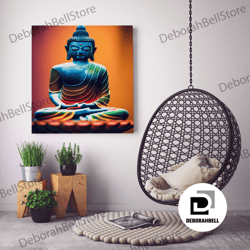 framed canvas ready to hang, colorful buddha, orange, yoga center wall decor, fine art poster print