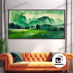 Framed Canvas Ready To Hang, Emerald Green Watercolor Landscape Abstract, Ready To Hang Canvas Print Wall Art, Framed Ca