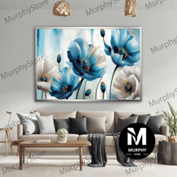 blue and white flower canvas painting, blue and white floral painting, flowers art print, floral wall art, flower art gi