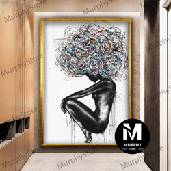 colorful hairstyle woman abstract canvas, curly haired woman wall art, black woman canvas, portrait of woman with colore