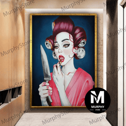 knife mirror canvas print, woman with makeup canvas wall art, gothic woman with knife in hand canvas painting, modern wa