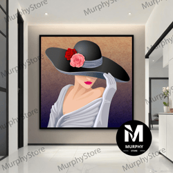 Lady In Floral Hat Canvas Painting, Modern Woman Wall Art, Woman In Hat Print, Girl Portrait Canvas Print
