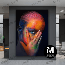 woman with colorful makeup canvas art, woman with blue eyes canvas painting, colorful woman wall art, colorful girl face