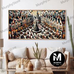 decorative wall art, art deco stained glass style christmas village - framed canvas print - retro xmas art - christmas d